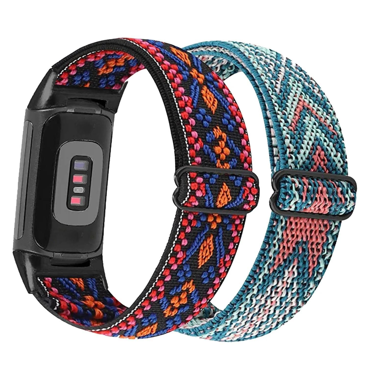 Abanen Elastic Bands for Fitbit Charge 5 & 6 | Breathable Nylon Strap with Adjustable Clasp (Blue Pink-Red Orange, 220mm) — Blue Pink- Red Orange