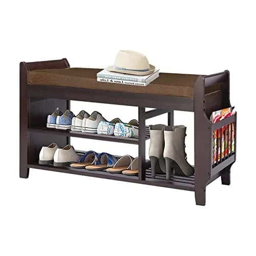 FURFIMU Entryway Shoe Bench with Bamboo Seat, 2-Tier Shoe Bench, Brown Cushion, Umbrella Holder | Durable Bamboo & Easy Assembly thumbnail 1