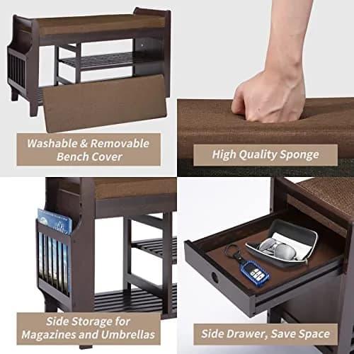 FURFIMU Entryway Shoe Bench with Bamboo Seat, 2-Tier Shoe Bench, Brown Cushion, Umbrella Holder | Durable Bamboo & Easy Assembly thumbnail 4