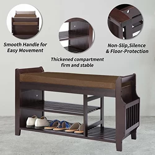 FURFIMU Entryway Shoe Bench with Bamboo Seat, 2-Tier Shoe Bench, Brown Cushion, Umbrella Holder | Durable Bamboo & Easy Assembly thumbnail 5