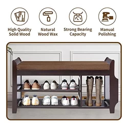 FURFIMU Entryway Shoe Bench with Bamboo Seat, 2-Tier Shoe Bench, Brown Cushion, Umbrella Holder | Durable Bamboo & Easy Assembly thumbnail 6