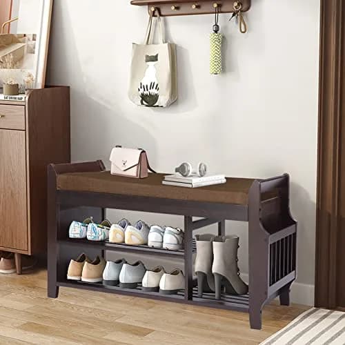 FURFIMU Entryway Shoe Bench with Bamboo Seat, 2-Tier Shoe Bench, Brown Cushion, Umbrella Holder | Durable Bamboo & Easy Assembly thumbnail 7