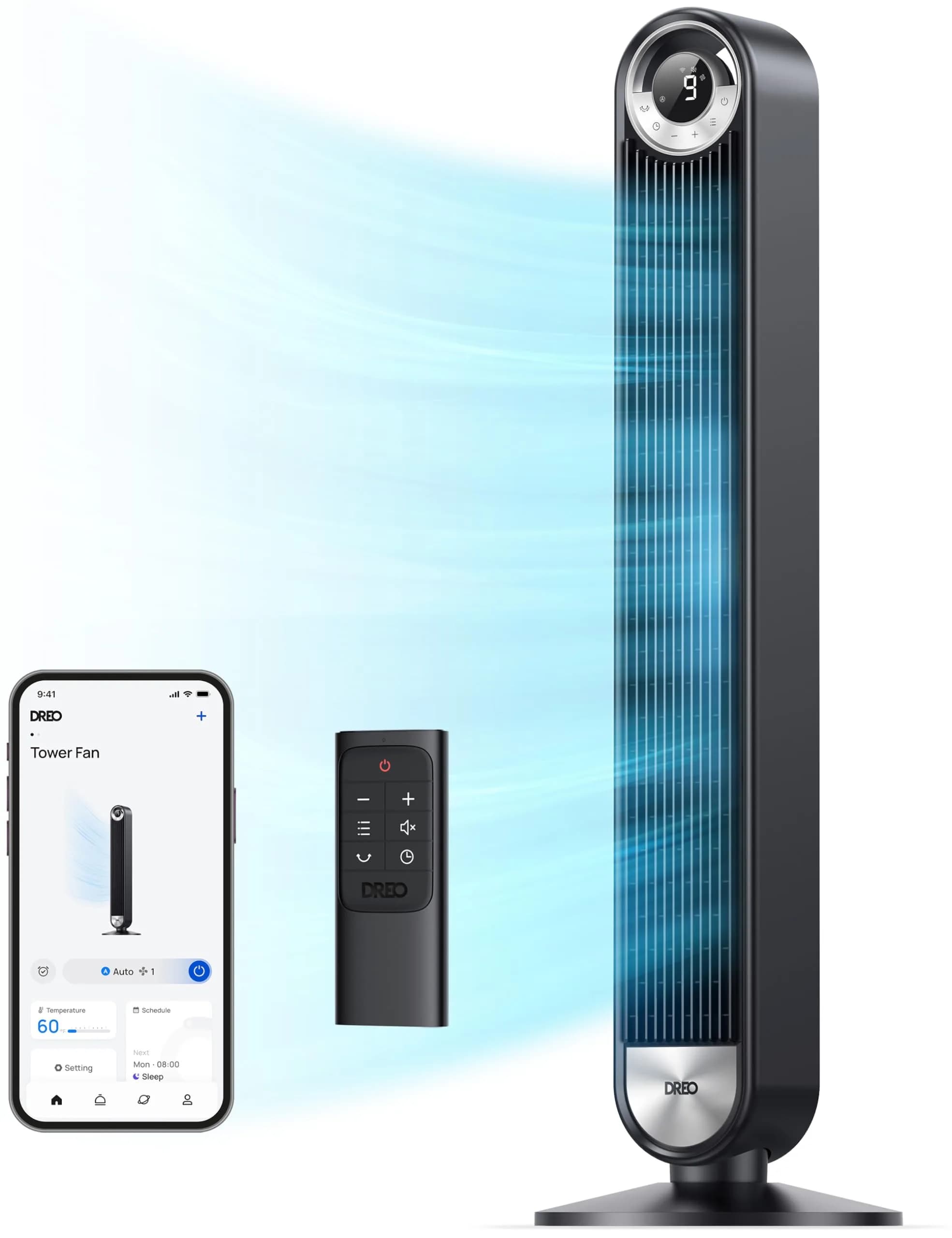 DREO Smart Tower Fan for Bedroom, 42 inch, 9 Speeds, DC Motor, Quiet & WiFi Control