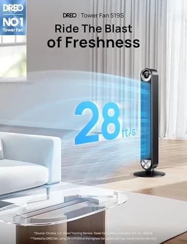 DREO Smart Tower Fan for Bedroom, 42 inch, 9 Speeds, DC Motor, Quiet & WiFi Control thumbnail 2