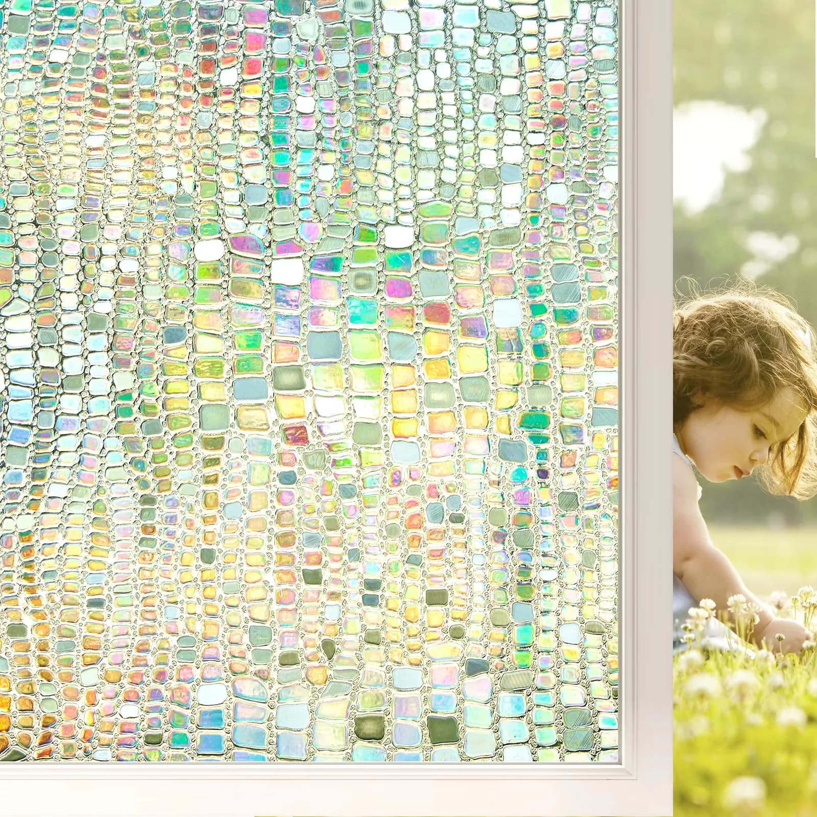 Beautysaid Window Privacy Film Stained Glass 3D Rainbow (Pure, 23.6x78.7in) | UV Block & Privacy with Rainbow Effect — Pure