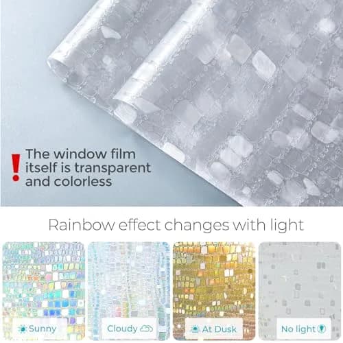 Beautysaid Window Privacy Film Stained Glass 3D Rainbow (Pure, 23.6x78.7in) | UV Block & Privacy with Rainbow Effect thumbnail 7