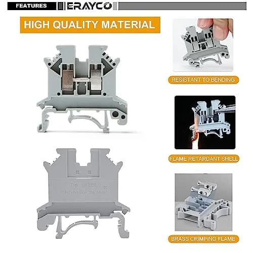 Erayco UK2.5B-WR DIN Rail Terminal Block, Screw Clamp, 690V 32A, 24-12AWG, Pack of 100 | Vibration & Thermal Resilience thumbnail 4