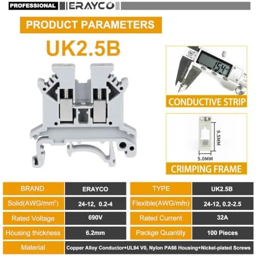 Erayco UK2.5B-WR DIN Rail Terminal Block, Screw Clamp, 690V 32A, 24-12AWG, Pack of 100 | Vibration & Thermal Resilience thumbnail 3