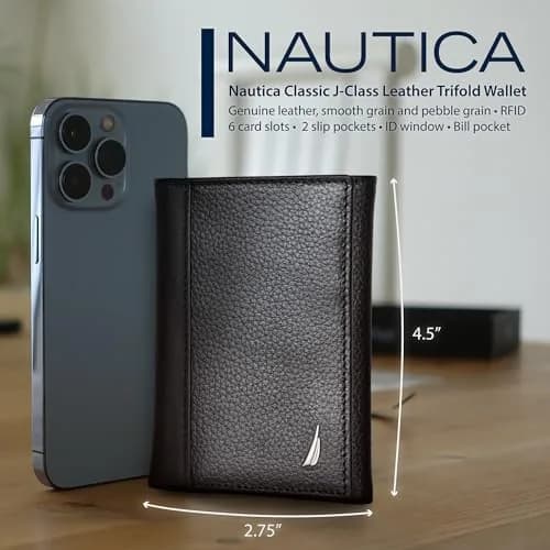 Nautica Men's Classic Trifold Wallet | RFID Blocking Protection | Genuine Leather | Black | 8.9cm (3.5") thumbnail 4