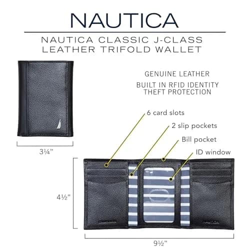 Nautica Men's Classic Trifold Wallet | RFID Blocking Protection | Genuine Leather | Black | 8.9cm (3.5") thumbnail 6