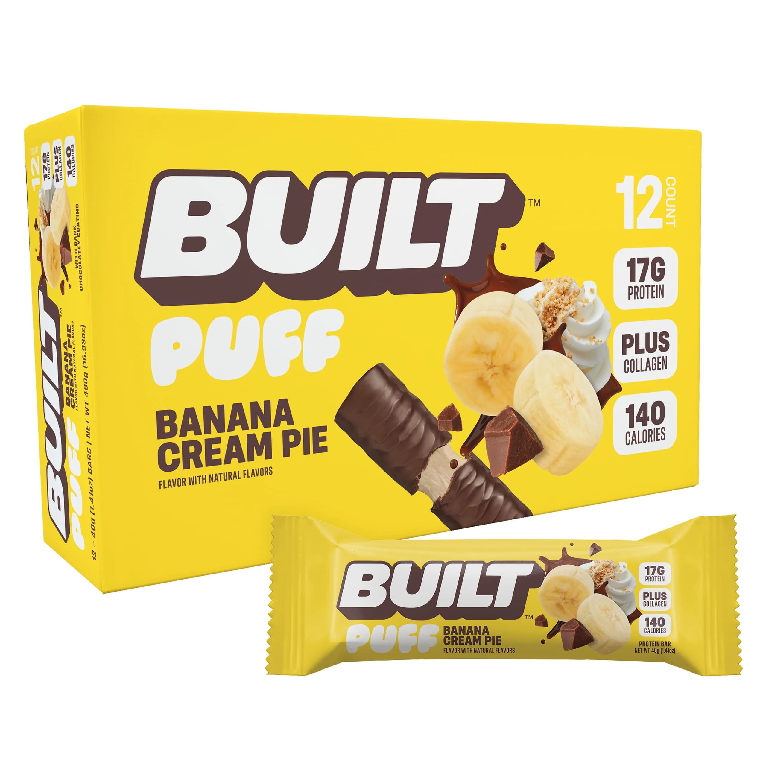 BUILT Puff Protein Bars Banana Cream Pie 17g (0.5 oz) | 17g Protein, Low Sugar, Gluten-Free - main product image