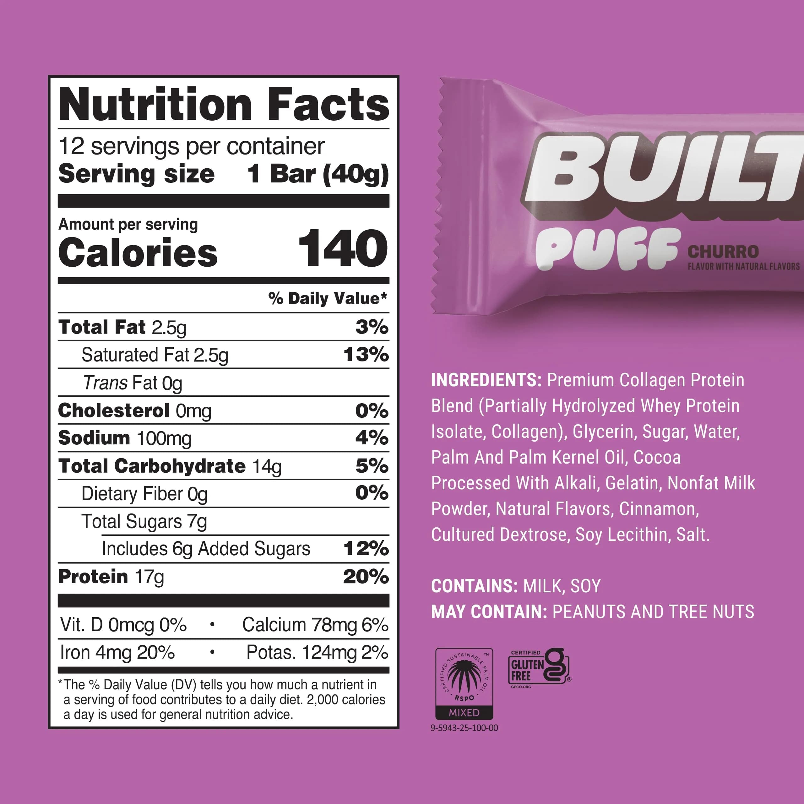 BUILT Puff Protein Bars Churro 12 Count (Pack of 1) | 17g Protein Snack Bar for All-Day Energy - view 4