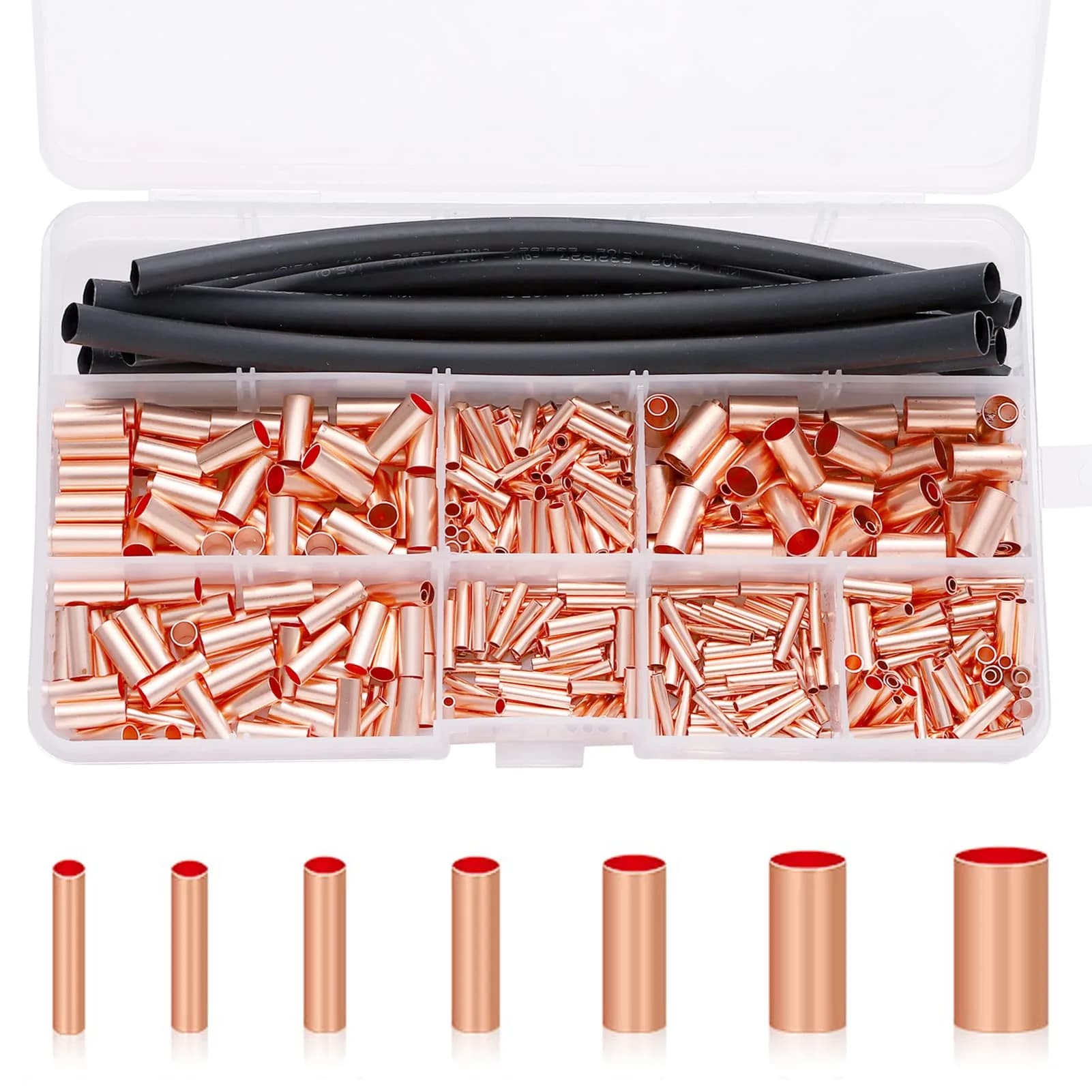 Teansic Copper Wire Ferrules Kit, 250Pcs, 7 Sizes, Non Insulated, Copper, AWG 8-18 | Reliable Electrical Connectors — 480PCS-Copper Pipe+Heat Shrink Tubing