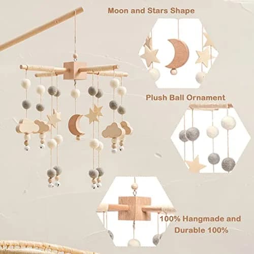 JETM·HH Baby Mobile for Crib | Boho Star Moon Nursery Decor | Grey 12.7cm (5 inch) | Gentle Hanging Decoration thumbnail 2