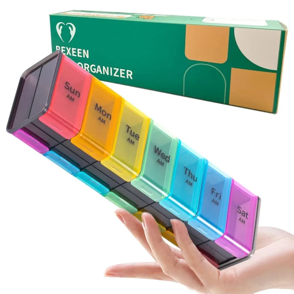 BEXEEN Extra Large Pill Organizer XXL Pill Box 7 Day Weekly Pill Organizer with AM PM Large Compartments 25.65cm (10.1" x 2.7" x 2.1") — Rainbow