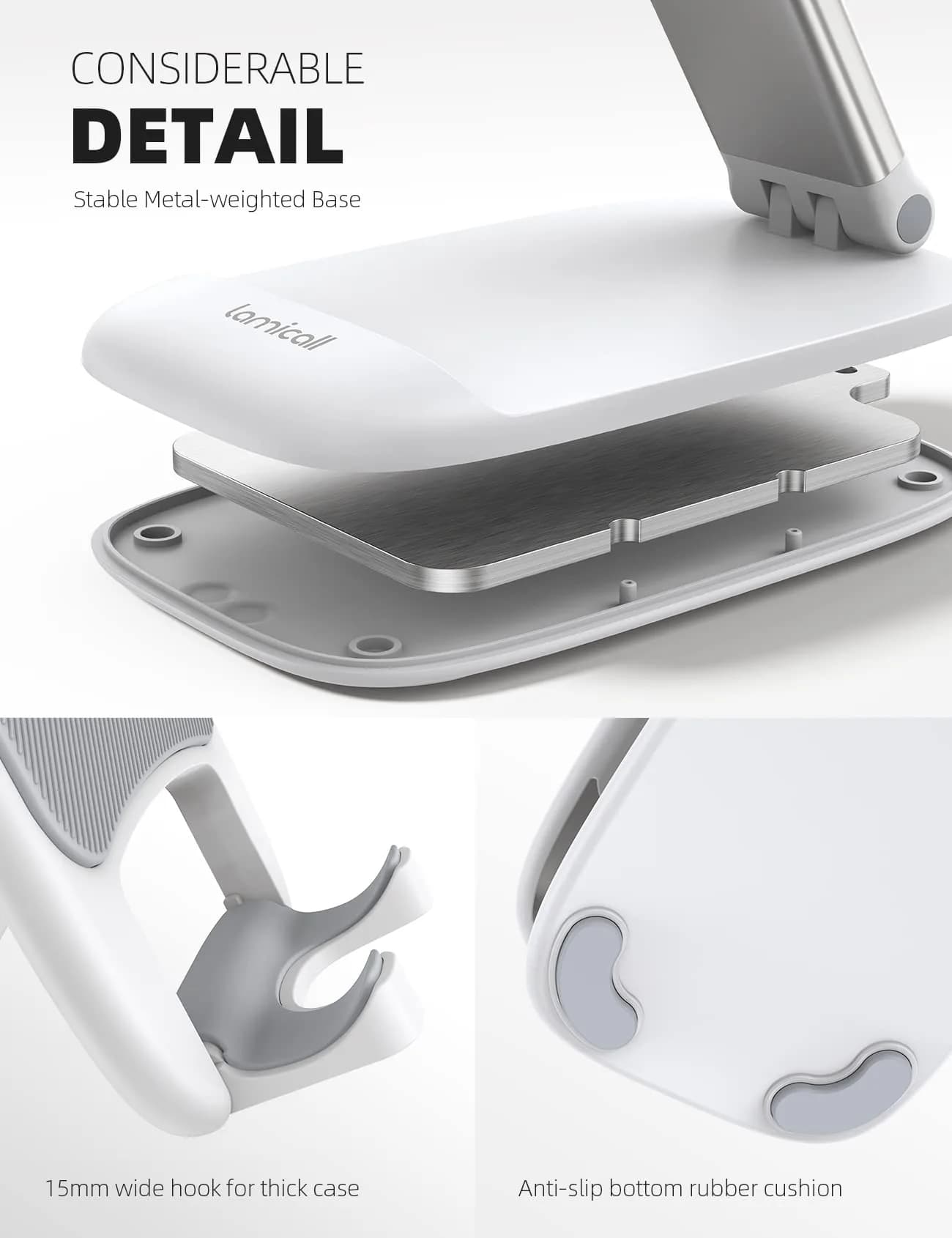 Lamicall White Portable Phone Stand | Adjustable Height & Angle Desk Accessory for Phones - view 6
