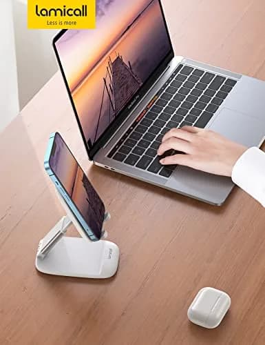 Lamicall White Cell Phone Stand for Desk, Phone Holder with Adjustable Height & Angle | Portable Electronic Device Stand (1-Pack) thumbnail 7