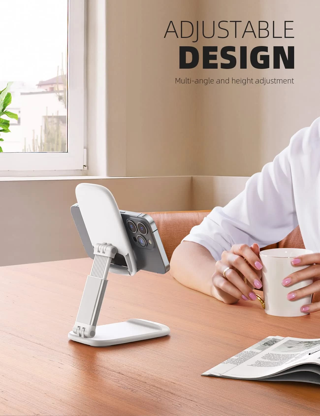 Lamicall White Portable Phone Stand | Adjustable Height & Angle Desk Accessory for Phones - view 2