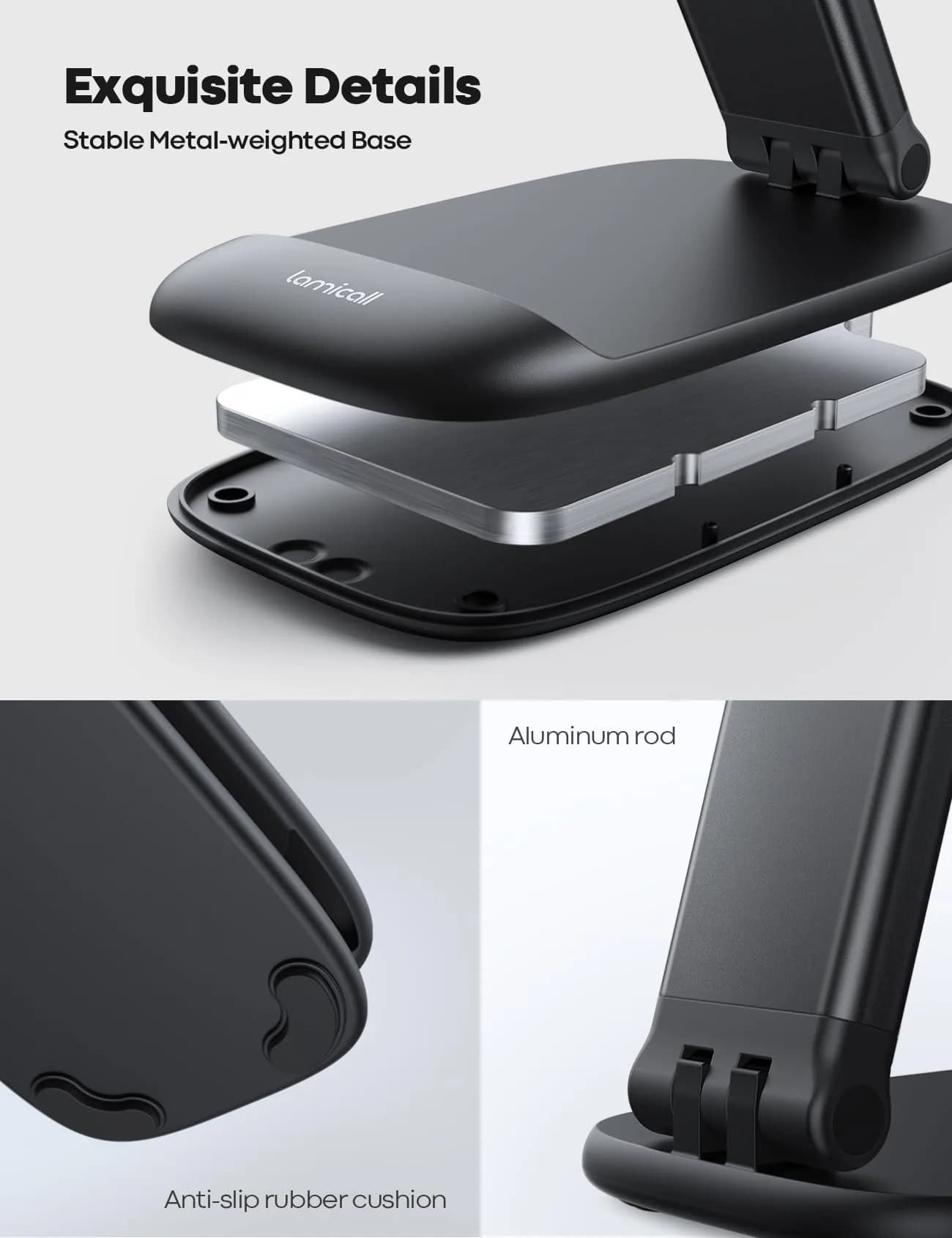 Lamicall Black Portable Phone Stand | Adjustable Height & Angle Desk Accessory for Mobile Devices - view 6