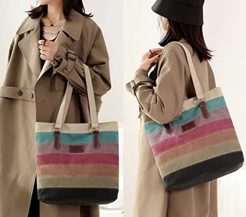 SNUG STAR Canvas Handbag Multi-Color Striped Lattice Cross Body Shoulder Purse Bag Tote-Handbag for Women (Multi Color E) 34cm (13.39in) H thumbnail 3