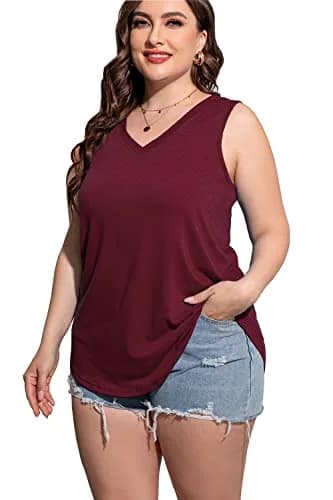 CARROTMOB Plus Size Womens Tank Tops Summer Sleeveless V Neck Casual Tshirts Wine red 2X | Loose Fit, Breathable Cotton Blend thumbnail 1
