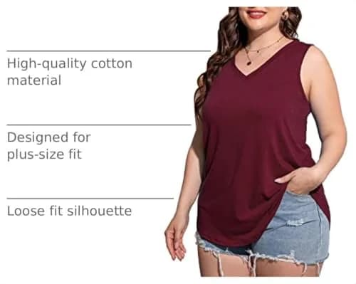 CARROTMOB Plus Size Womens Tank Tops Summer Sleeveless V Neck Casual Tshirts Wine red 2X | Loose Fit, Breathable Cotton Blend thumbnail 4