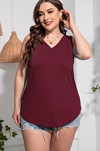 CARROTMOB Plus Size Womens Tank Tops Summer Sleeveless V Neck Casual Tshirts Wine red 2X | Loose Fit, Breathable Cotton Blend thumbnail 2