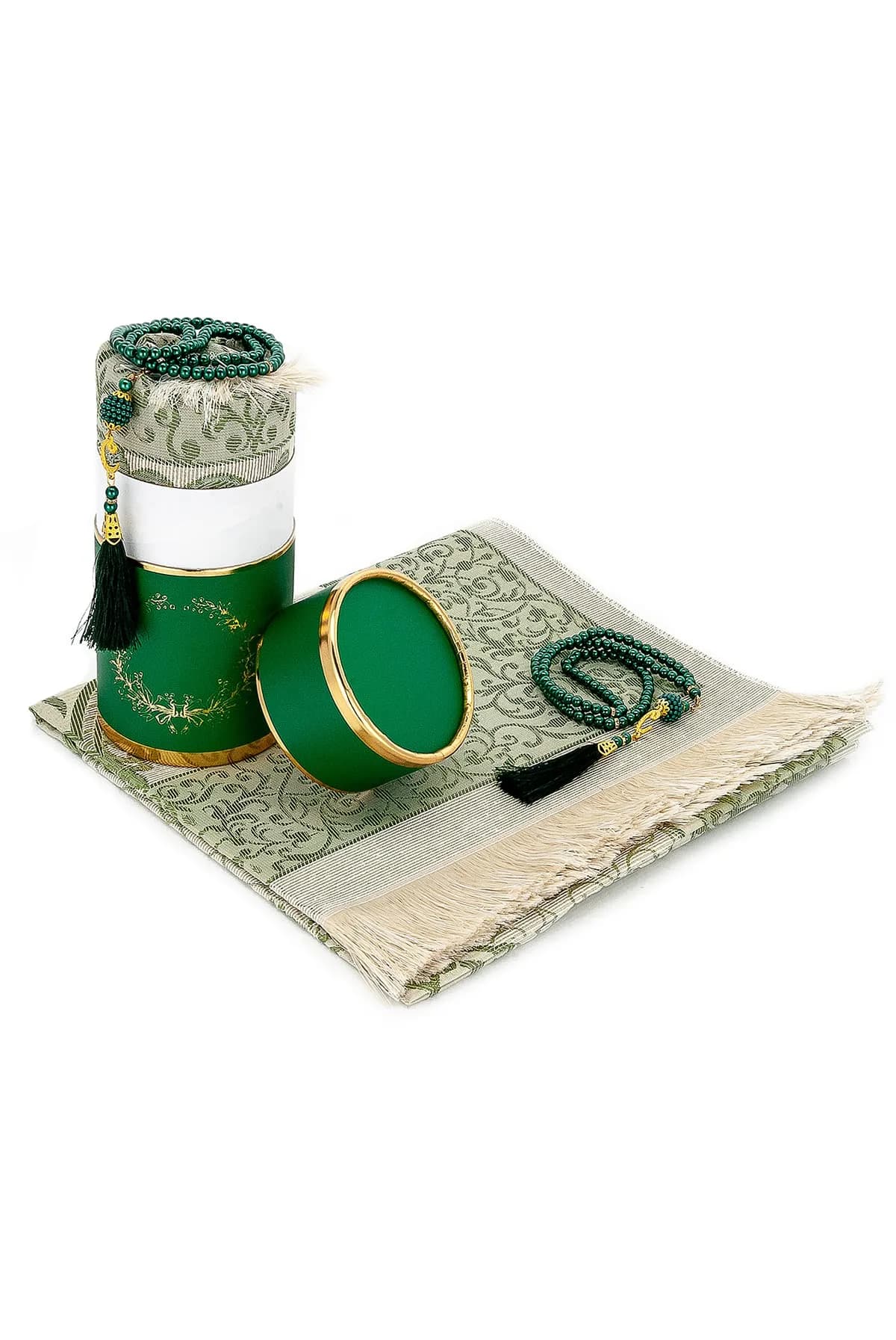 ihvan online Green Prayer Rug with Prayer Beads - 117cm x 71cm | Soft Taffeta Islamic Janamaz - main product image