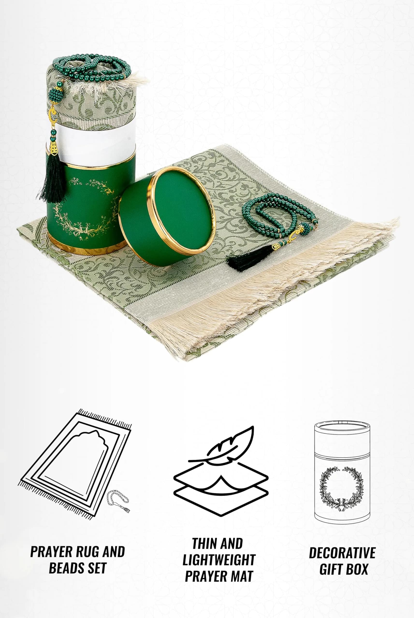 ihvan online Green Prayer Rug with Prayer Beads - 117cm x 71cm | Soft Taffeta Islamic Janamaz - view 3