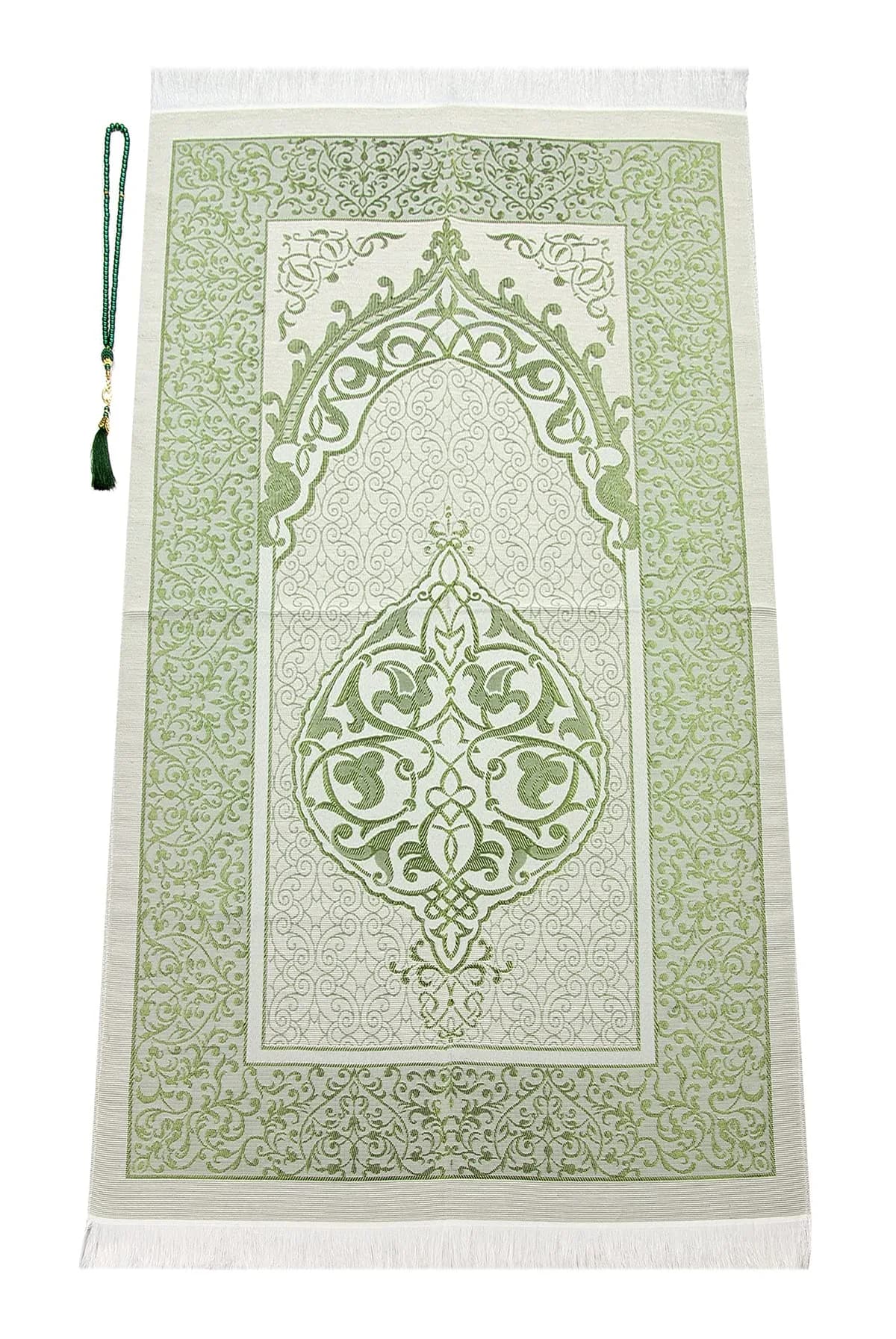 ihvan online Green Prayer Rug with Prayer Beads - 117cm x 71cm | Soft Taffeta Islamic Janamaz - view 4