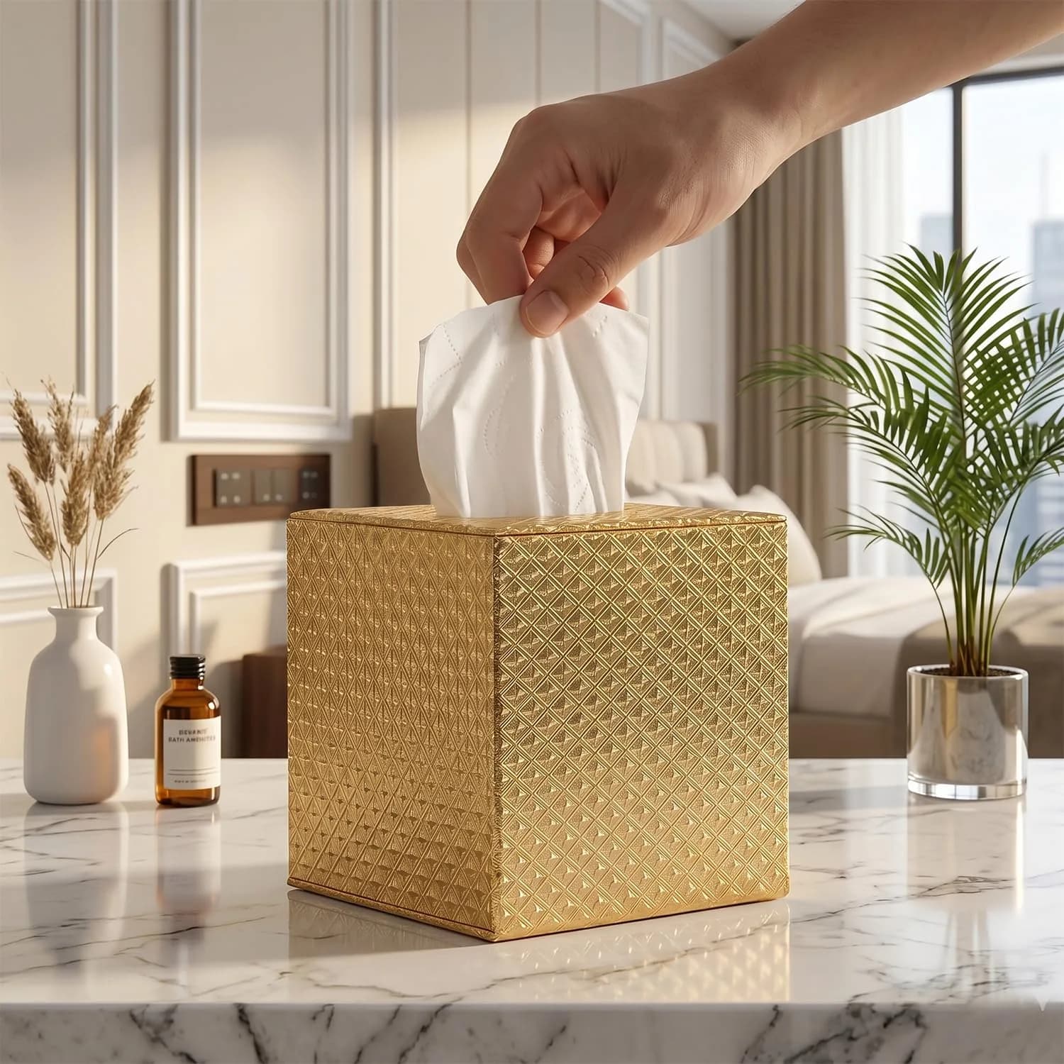 SUNYUROU Gold Square Tissue Box Cover for Bathrooms & Desks | 14cm x 13.1cm x 14.3cm — Gold