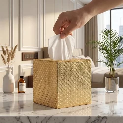 SUNYUROU Gold Square Tissue Box Cover for Bathrooms & Desks | 14cm x 13.1cm x 14.3cm thumbnail 1