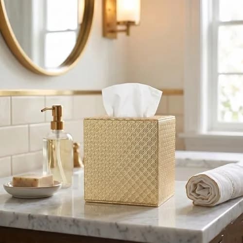 SUNYUROU Gold Square Tissue Box Cover for Bathrooms & Desks | 14cm x 13.1cm x 14.3cm thumbnail 3