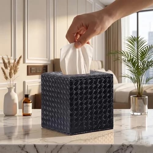 SUNYUROU Black Square Tissue Box Cover | PU Leather & Wood, Magnetic Closure thumbnail 1