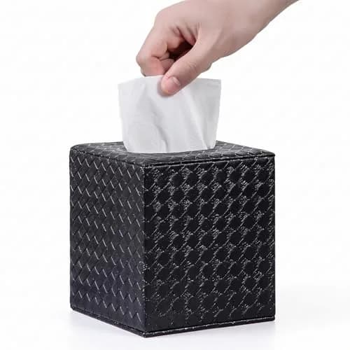 SUNYUROU Black Square Tissue Box Cover | PU Leather & Wood, Magnetic Closure thumbnail 7