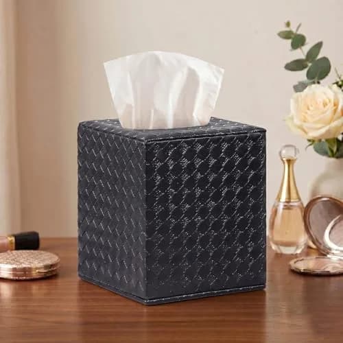 SUNYUROU Black Square Tissue Box Cover | PU Leather & Wood, Magnetic Closure thumbnail 2