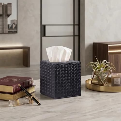 SUNYUROU Black Square Tissue Box Cover | PU Leather & Wood, Magnetic Closure thumbnail 3