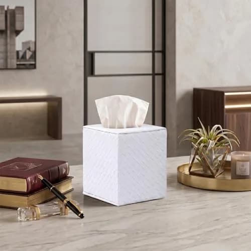 SUNYUROU White Square Tissue Box Cover | PU Leather & Solid Wood Holder for Bathroom Countertops thumbnail 4
