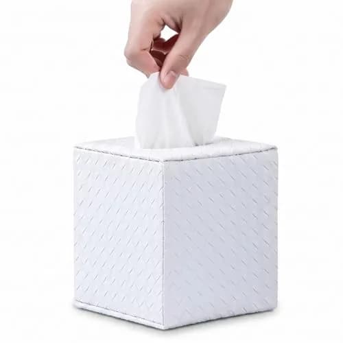 SUNYUROU White Square Tissue Box Cover | PU Leather & Solid Wood Holder for Bathroom Countertops thumbnail 7