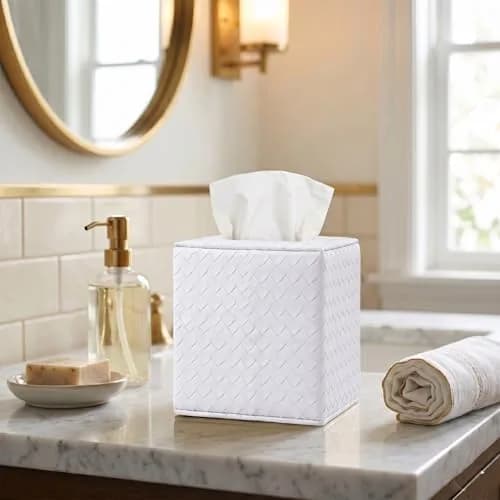 SUNYUROU White Square Tissue Box Cover | PU Leather & Solid Wood Holder for Bathroom Countertops thumbnail 2