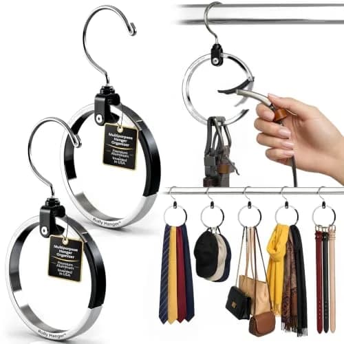 Rolly Hanger Rotating Closet Organizer, Aluminum Ring Accessory Hanger with 360° Swivel Hook & Spring Latch, Space Saving Holder for Belts, Hats, Ties, Scarves, Purses & Handbags (2 Pack) thumbnail 1