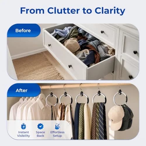 Rolly Hanger Rotating Closet Organizer, Aluminum Ring Accessory Hanger with 360° Swivel Hook & Spring Latch, Space Saving Holder for Belts, Hats, Ties, Scarves, Purses & Handbags (2 Pack) thumbnail 5