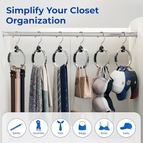 Rolly Hanger Rotating Closet Organizer, Aluminum Ring Accessory Hanger with 360° Swivel Hook & Spring Latch, Space Saving Holder for Belts, Hats, Ties, Scarves, Purses & Handbags (2 Pack) thumbnail 6