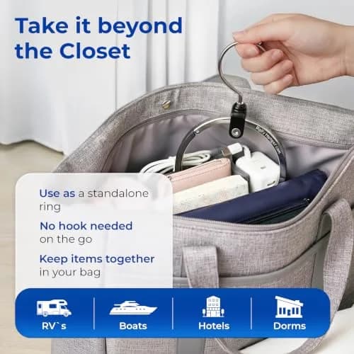 Rolly Hanger Rotating Closet Organizer, Aluminum Ring Accessory Hanger with 360° Swivel Hook & Spring Latch, Space Saving Holder for Belts, Hats, Ties, Scarves, Purses & Handbags (2 Pack) thumbnail 7