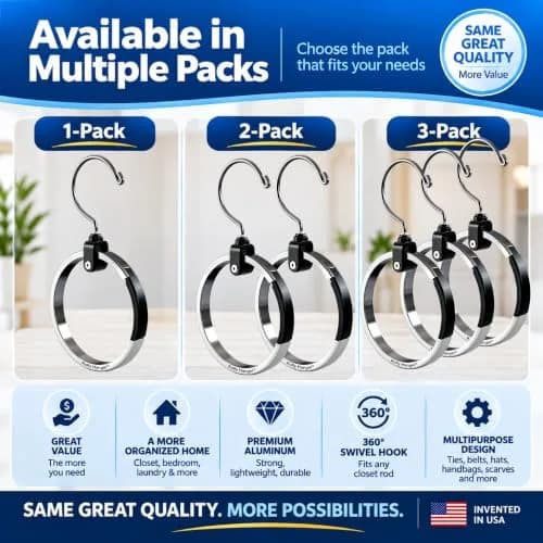 Rolly Hanger Rotating Closet Organizer, Aluminum Ring Accessory Hanger with 360° Swivel Hook & Spring Latch, Space Saving Holder for Belts, Hats, Ties, Scarves, Purses & Handbags (2 Pack) thumbnail 9