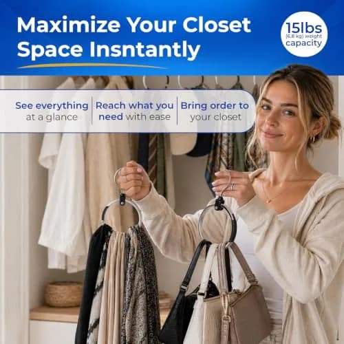 Rolly Hanger Rotating Closet Organizer, Aluminum Ring Accessory Hanger with 360° Swivel Hook & Spring Latch, Space Saving Holder for Belts, Hats, Ties, Scarves, Purses & Handbags (2 Pack) thumbnail 2