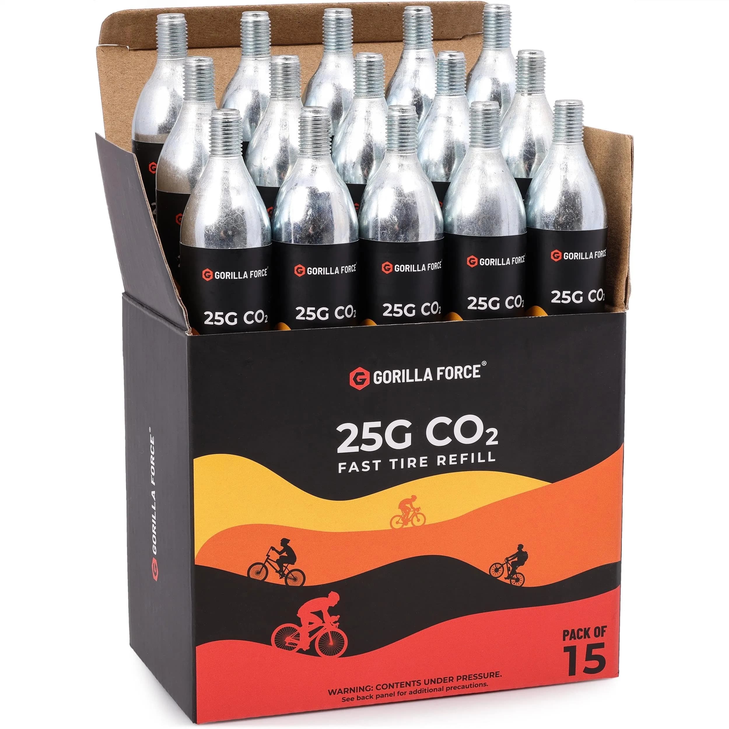Gorilla Force 25g CO2 Cartridges (15 Pack) | Universal Bike Tire Inflator Refills — 25g Size