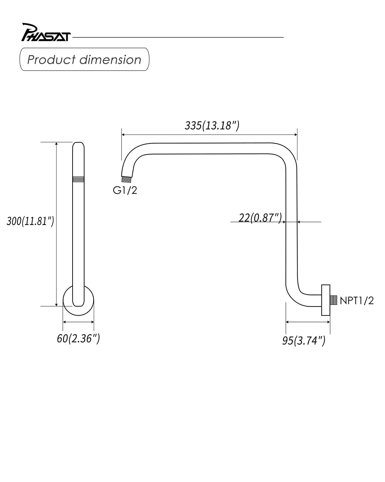 PHASAT S-Shaped Shower Arm 41cm (16.65") with Flange | High Rise Chrome Extension for Rainfall Shower Heads - view 5