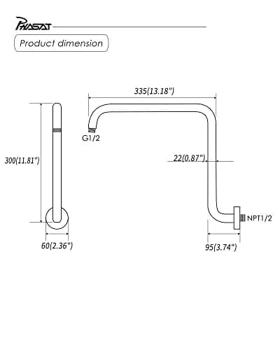 PHASAT S-Shaped Shower Arm 41cm (16.65") with Flange | High Rise Chrome Extension for Rainfall Shower Heads thumbnail 5