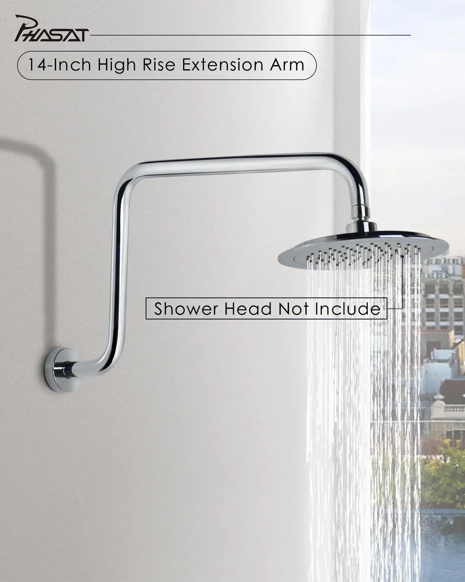 PHASAT S-Shaped Shower Arm 41cm (16.65") with Flange | High Rise Chrome Extension for Rainfall Shower Heads - view 2